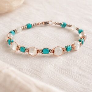 Turquoise & Selenite Wire-Wrapped Artisan Bracelet - in Copper & Stainless Steel